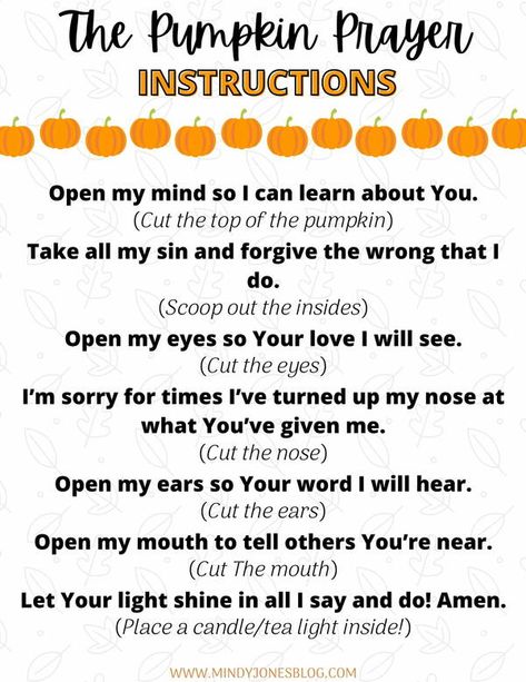 This printable pumpkin prayer activity is the perfect way to help teach your kids about God this fall! This activity walks you through step by step carving a pumpkin. As you do each step of craving with your kids, read the pumpkin prayer and remind them of what it truly means to be a Christian. This printable includes wall art to hang up in your home, an instructions page, and a bonus... FREE bookmarks with the pumpkin prayer on them to print out, laminate, and encourage your kids in reading too Pumpkin Prayer Printable Free, Prayer Object Lesson For Kids, Pumpkin Prayer Printable, Free Pumpkin Printables, Fall Sunday School Lessons, Halloween Sunday School, Toddler Bible Crafts, Christian Halloween Crafts, Pumpkin Prayer