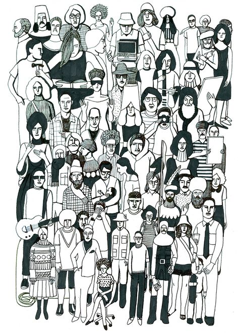 GEOFF MCFETRIDGE  Idea: Have fifth graders each draw a self protrait of themselves and collage together. With word bubbles or objects.geoff mcfetridge - crowd Together Illustration, Crowd Drawing, Word Bubbles, Geoff Mcfetridge, Media Drawing, ポップアート ポスター, Bd Art, 흑백 그림, 인물 드로잉