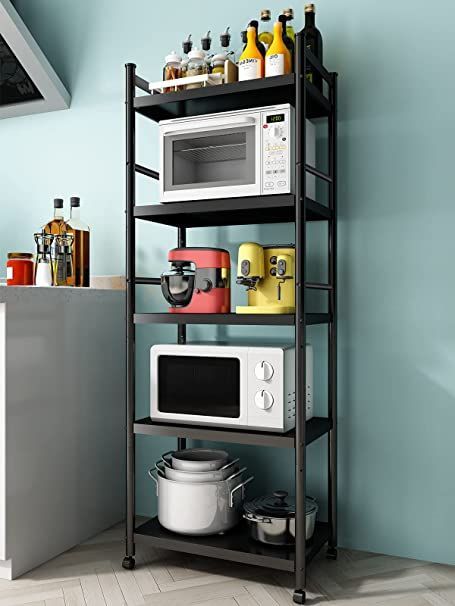 Denkee 5-Tier Kitchen Baker's Rack, Heavy Duty Free Standing Baker's Rack for Kitchens Storage with Rolling Wheels, Upgraded Industrial Microwave Oven Stand Rack (23.6 L x 14.6 W x 53.1 H) Diy Bathroom Storage Ideas, Metal Storage Shelves, Kitchen Shelves Organization, Baker's Rack, Utility Shelves, Metal Shelving Units, Diy Bathroom Storage, Bathroom Organization Diy, Bakers Rack