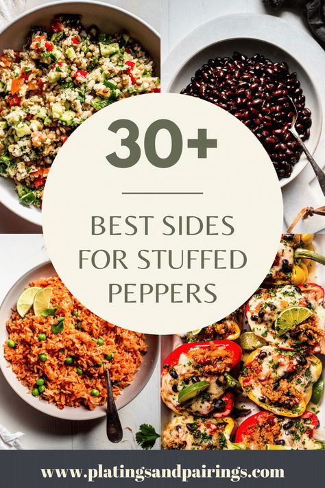 Wondering what to serve with stuffed peppers for dinner? This handy guide covers all of the best sides for stuffed peppers – from veggies, to salads, and more! Stuffed Peppers Meal With Sides, What To Make With Stuffed Peppers, Side Dishes With Stuffed Peppers, Stuffed Bell Peppers Dinner Sides, Stuffed Pepper Sides Ideas, Sides To Go With Stuffed Bell Peppers, Stuffed Bell Peppers Meal Sides, Stuffed Bell Peppers Side Dish, Side Dishes For Stuffed Bell Peppers