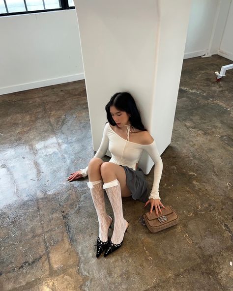 Fall fashion, white fox top, motel rocks skirt, pleated skirt, Tony bianco heels, kitten heels, pointed toe heel Corset Boots Outfit, Sock With Heels, Date Night Korean, Cute Tights Outfit, Knee Socks Outfits, Kitten Heels Outfit, High Socks Outfits, Mode Emo, Ballet Core