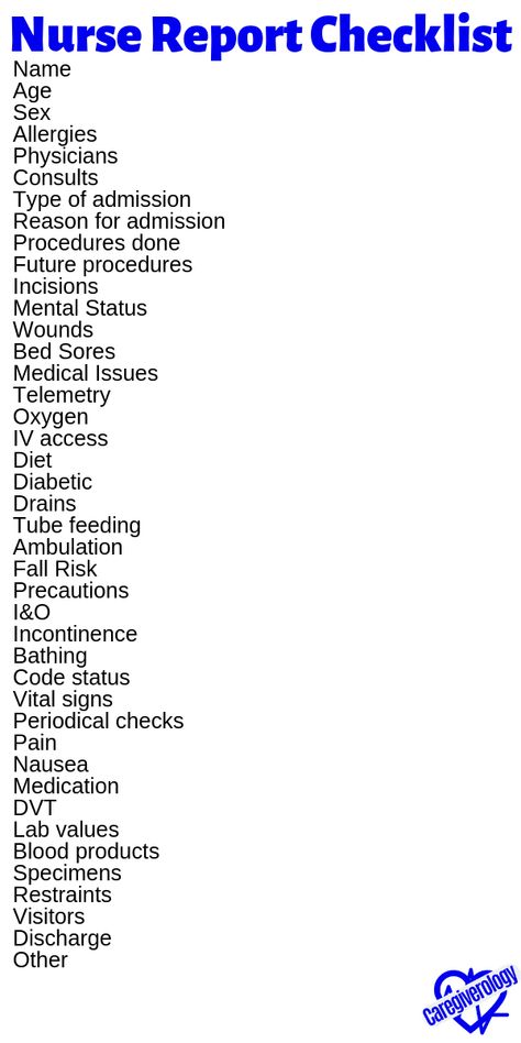 What should be passed on during shift report? Here is a nurse report checklist to help break it all down. #caregiverology #nursereportchecklist #nursechecklist #reportchecklist #nurseshiftreport #nursereport #reportlist #bedsideshiftreport Er Nurse Charting, Basic Medicine Checklist, Pros And Cons Of Being A Nurse, Med Pass Nursing Tips, Nursing Tips And Tricks, Teaching Nursing Students, New Nurse Tips, Nurse Advice, Nursing Nutrition