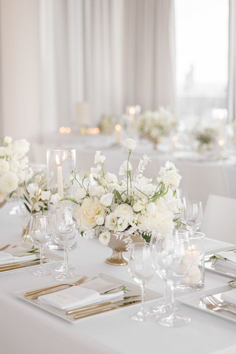 Lowndes Grove Wedding, White Wedding Decorations, Wedding Table Designs, White Wedding Theme, All White Wedding, Rooftop Wedding, Wedding Table Flowers, Wedding Reception Tables, White Wedding Flowers