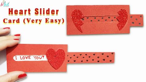 Heart slide card Slide Paper Craft, Sliding Paper Craft, Slide Card Diy, Cards Making Ideas, Couples Art Project, Sliding Card, Pop Up Flower Cards, Couples Art, Notes Craft