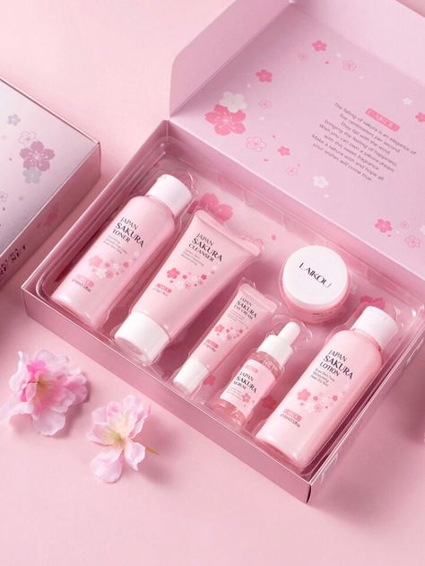 1Set 6Pcs Brighten Skin Tone LAIKOU Japan Sakura Skincare Set, Deep Nourishing Skin Care Gift Box Facial Serum 17ml & Eye Cream 15g & Toner 100ml & Lotion 100ml & Cleanser 50g & Face Cream 25g Anti-Aging Skin Care For Women, Mom, Wife, Sister, Teen, Girl Friend SPA Wedding Gift | SHEIN USA Skincare Business, Japan Sakura, Wishlist 2024, Face Kit, Safe Skincare, Cream Serum, Makeup Stuff, Shopify Design, Skincare Gift Set