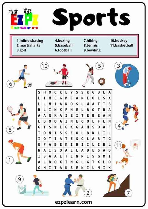 Free Printable Word Search Worksheets For Kids Topic Sports Kindergarten Preschool Game Sports Word Search, Kindergarten Word Search, Word Puzzles For Kids, Preschool Charts, Word Games For Kids, Printable Sports, English Teaching Materials, English Exercises, Kids Literacy