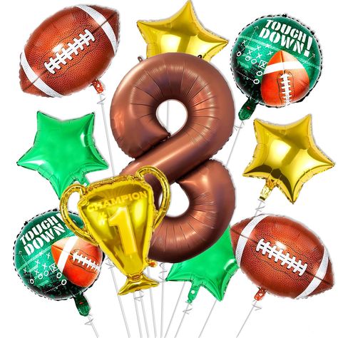 PRICES MAY VARY. 【Football Balloons Set】Pack of 10 football themed party supplies, include 40inch brown number 8 balloons, 32*24 inch trophy balloons 1 pcs, 21 inch football balloons 2 pcs, 18 inch dark green star 2 pcs, 18inch gold stars 2 pcs, 18 inch touchdown balloons 2 pcs, everything you need to make the most exciting atmosphere in a complete football birthday party decorations. 【High Quality Materials】The materials for the football balloons are thick and robust. Football birthday balloons Sports Themed Birthday Party Ideas Decoration, Flag Football Party, Football Pinata, Football Birthday Party Decorations, Football Themed Birthday Party, Football Themed Party, Football Balloons, Football Party Decorations, Birthday Football