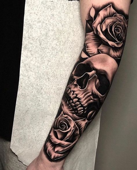 Half Sleeve Tattoo Stencils, Skull Rose Tattoos, Catrina Tattoo, Small Chest Tattoos, Rose Tattoo Sleeve, Rose Tattoos For Men, Skull Sleeve, Realistic Tattoo Sleeve, Skull Sleeve Tattoos