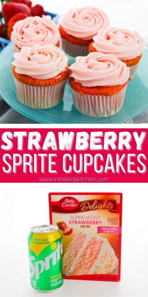 It doesn't get any easier than these 2 ingredient strawberry soda cupcakes, made with a box of strawberry cake mix and a can of Sprite! Weight Watcher Cake With Soda, Strawberry Cake With Sprite, 2 Ingredient Soda Cake, Easy Strawberry Cupcakes Cake Mixes, Strawberry Sprite Cake, Cake Mix Soda Recipes, Sprite Cake 3 Ingredients, Cupcake Recipes Cake Mix Simple, Strawberry Box Cake Mix Recipes