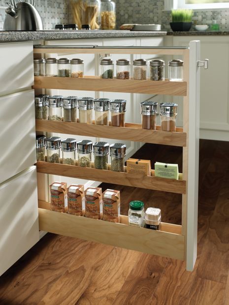 Base Pull-Out Spice Rack Spice Rack Diy, Menards Cabinets, Pull Out Spice Rack, Diy Spice Rack, Spice Organization Drawer, Clever Kitchen Storage, Interior Dapur, Kitchen Spice Racks, Spice Drawer