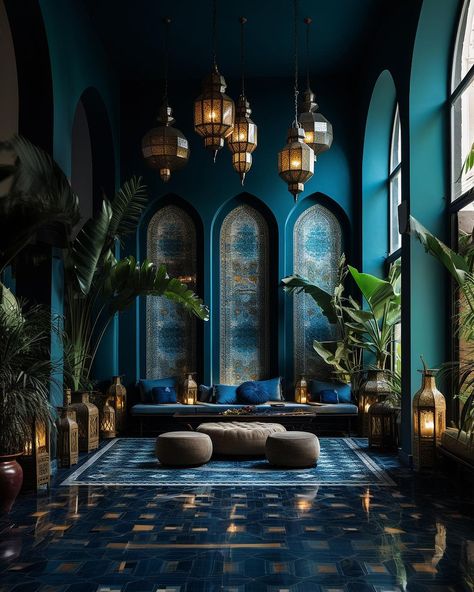 Blue House By @kaveh__dadgar [IG] Many of my friends know I can’t see certain colors, which occurs within specific shades of blue, green… | Instagram Arabian Bedroom, Moroccan Inspired Bedroom, Lots Of Plants, Moroccan Bedroom, Moroccan Homes, Moroccan Interiors, Dark Home, Bohemian Bedroom Decor, Moroccan Decor