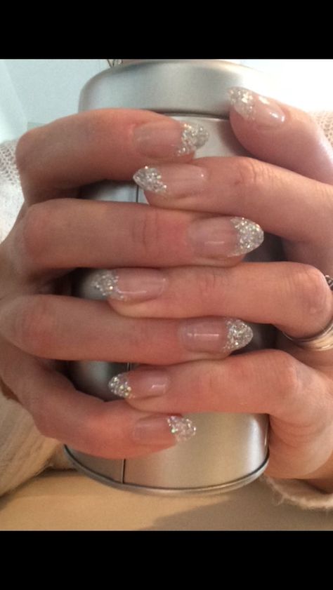 Almond Shaped Nails With Rhinestones, Glitter French Manicure Almond, Almond Glitter Nails, Red Nail Designs For Prom, Nail Designs For Prom, Almond Shaped Nails, Hoco Nails, Tv Wall Decor Ideas, Shaped Nails