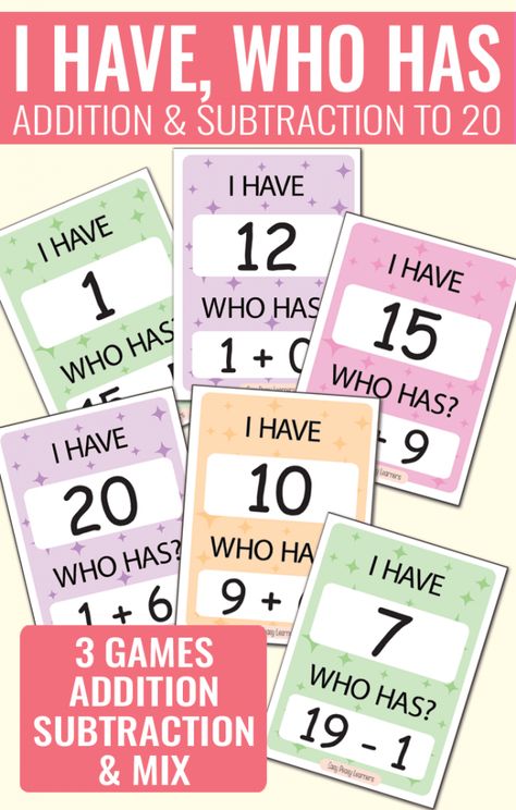 I Have Who Has Addition and Subtraction to 20 - 3 Different Games (Addition to 20, Subtraction to 20 and Addition & Subtraction to 20) Addition And Subtraction Games 2nd, Adding Kindergarten, Math Games Addition, Addition And Subtraction To 20, Subtraction To 20, Addition And Subtraction Within 20, Addition To 20, Teaching Addition, Subtraction Games