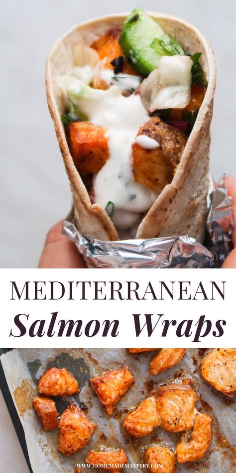 Mediterranean salmon wraps is 30-minute delicious healthy dinner idea made with salmon, tzatziki and vegetables! So easy and quick, this salmon recipe makes 4 servings and is great for meal prep too! Salmon Wrap Recipes, Salmon Tzatziki, Fish Meal Prep, Salmon Wraps, Greek Salmon, Liver Healthy Foods, Salmon Meal Prep, Salmon Wrap, Mediterranean Salmon