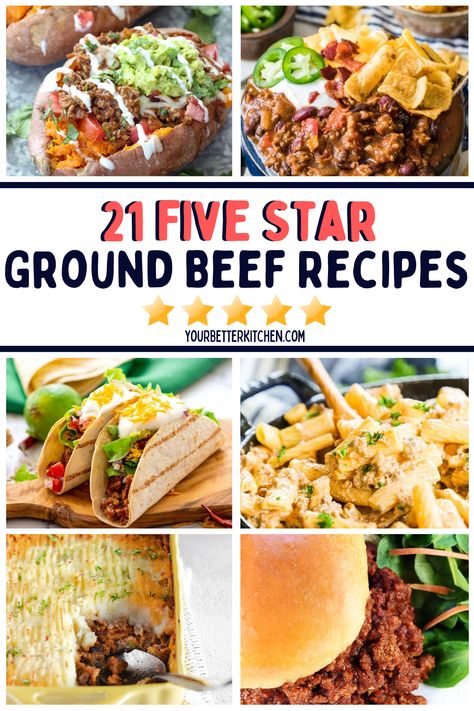 You have to save this list of over 20 delicious top-rated 5-star ground beef recipes. There are all kinds of easy and delicious ground beef dinner options you will enjoy. Entrees With Ground Beef, Easy Healthy Recipes With Ground Beef, Healthy Ground Recipes Beef, Best Ground Beef Meals, Good Recipes With Ground Beef, Meal Using Ground Beef, Easy Ground Meat Dinners, What Can I Do With Ground Beef, 5 Star Ground Beef Recipes