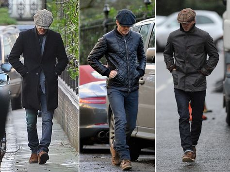 Are there wrong ways to wear this cap? Yes. But Beckham (who's having a busy week) proves how to wear it correctly and we might add pretty well on multiple occasions. D.B. proves it... Newboys Hat Outfit, Flat Cap Men Outfit, Tough Clothes, Flat Cap Men, Light Blue Jeans, Flat Cap, Outfits With Hats, Brown Leather Jacket, David Beckham