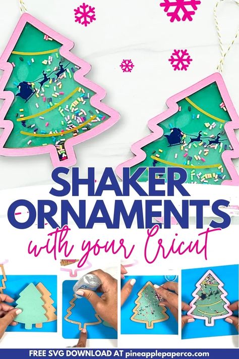 Make a festive ornament with a DIY Shaker Christmas Ornaments tutorial AND video for your Cricut! Elevate your holiday decor with a FREE SVG download, and craft the perfect-sized ornaments using your Cricut or Silhouette. Let the festive crafting begin! #DIYChristmas #Cricut Cricut Christmas Ornaments Free, Girls Night Ornament Craft, Shaker Ornaments Christmas Diy, Cricut Christmas Tree Decorations, Amazon Ornament Diy, Layered Paper Christmas Ornaments, Cricut Magnet Projects, Acrylic Craft Ideas, Cricut Christmas Ornaments Diy