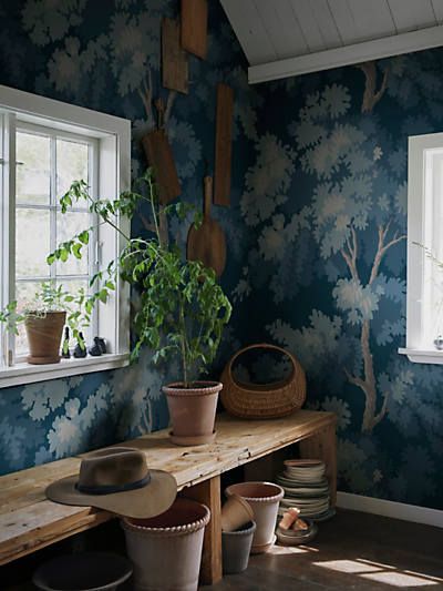 RAPHAEL FOREST - MURAL - Wallcovering Swedish Wallpaper, Wallpaper Australia, Outdoors Indoors, Hallway Wallpaper, Forest Mural, Dark Blue Wallpaper, Sandberg Wallpaper, Relaxing Bedroom, Forest Wallpaper