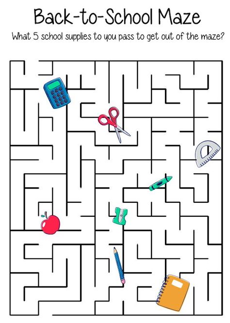 Time to get the kids psyched up for going back to school. This Back To School Maze is a fun way to jump start their brains into a learning mode. School Supplies Activities For Kids, Daycare Worksheets, School Supplies Craft, Back To School Games, Bible Mazes, Word Puzzles For Kids, Teach English To Kids, Back To School Worksheets, Maze Worksheet