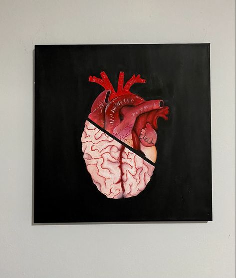 Brain Painting Creative, Brain Painting Abstract, Real Heart Painting, Overthinking Painting Ideas On Canvas, Anatomy Painting Ideas, Brain Painting Acrylic, Heartache Painting, Brain And Heart Drawing, Heart And Brain Art