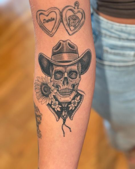 Recently healed Cowboy Skull and Sunflower Cow Hand Tattoo, Skeleton With Cowboy Hat Tattoo, Western Leg Sleeve, Skull With Cowboy Hat Tattoo, Western Skeleton Tattoo, Skull Cowboy Tattoo, Skeleton Cowboy Tattoo, Cowboy Skull Tattoo, Skull And Sunflower