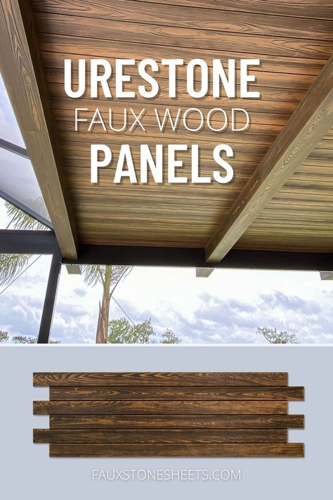 URESTONE faux wood panels upgrade the underside of a porch patio. Wood Look Cladding, Exterior Wood Cladding Ideas, Faux Wood Beams Outdoor, Faux Wood Beams Exterior, Wood Ceiling Porch Ideas, Outdoor Wood Ceiling Ideas, Faux Wood Vinyl Siding, Faux Wood Ceiling Panels, Wood Ceiling Front Porch