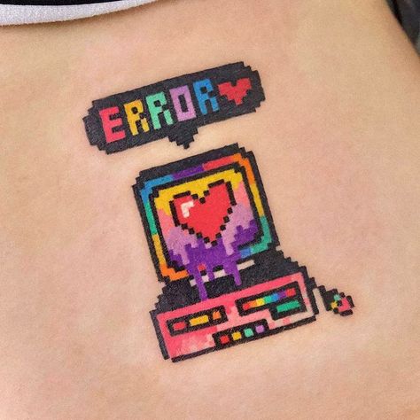 Computer Keyboard Tattoo, Retro Game Tattoo, Coding Tattoo, Pixel Tattoo Ideas, Lofi Tattoo, Retro Tattoo Ideas, 80s Tattoo Ideas, Pixel Art Tattoo, Computer Tattoo