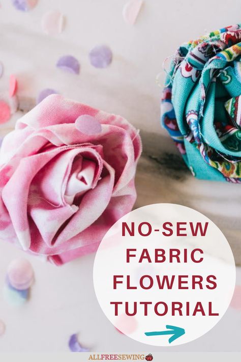 How to Make No Sew Fabric Flowers No Sew Crafts With Fabric Simple, Easy No Sew Crafts With Fabric, Sew Fabric Flowers Diy, Rolled Fabric Flowers Diy, Flowers Made From Fabric Diy, T Shirt Flowers Diy How To Make, Vintage Fabric Flowers, Fabric Roses Pattern, Flowers From Fabric Scraps