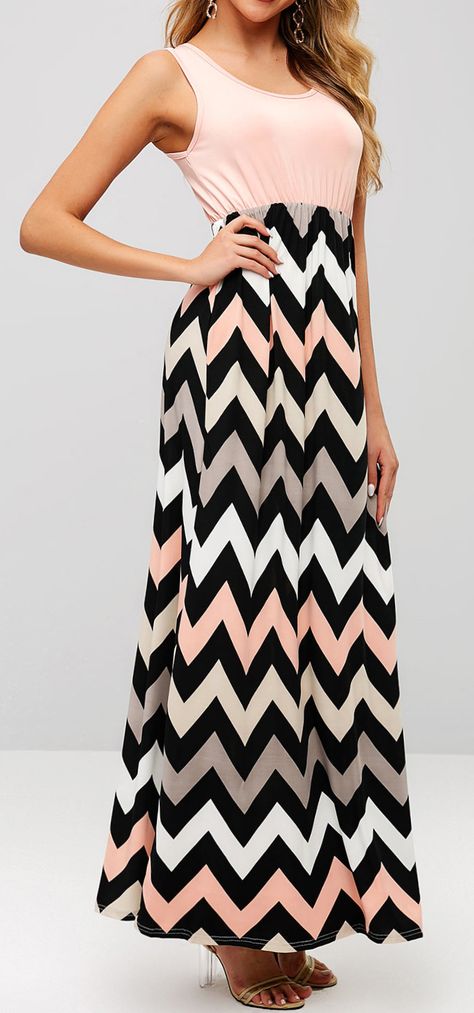 Style: Fashion  Occasion: Day,Vacation  Material: Polyester,Polyurethane  Silhouette: A-Line  Dresses Length: Floor-Length  Collar-line: Scoop Collar  Sleeves Length: Sleeveless  Pattern Type: Chevron/Zig Zag  Elasticity: Elastic  Season: Summer Zig Zag Print Dress, Black And White Maxi Dress, Trendy Maxi Dresses, Zig Zag Dress, Black White Maxi Dress, Long Maxi Dresses, Class Activity, Cheap Maxi Dresses, Maxi Dresses For Women