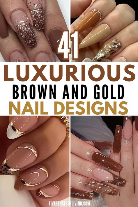 these jaw dropping brown and gold nail designs are exactly what you need if you're looking to up your nail design game. These come in light brown and gold nail ideas, dark brown and gold nail ideas, you'll even find some brown and gold nail art along with brown and gold short nails. Don't miss these chocolate brown and gold nails that exude the fall and winter seasons Brown Gold Ombre Nails, Brown Gold Glitter Nails, Light Brown Skin Nail Color Ideas, Brown Gold French Tip Nails, Beige Brown Nails Design, Light Brown And Gold Nails, Brown Nails With Gold Stripe, Mocha And Gold Nails, Nails Design Ideas For Wedding