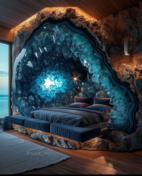 Unique Guest Room Ideas, Dark Ocean Bedroom, Crystal Interior Design, Crystal Bedroom Aesthetic, Creative Bedroom Designs, Cozy Bed Ideas, Pretty Beds, Vaulted Ceiling Bedroom, Crystal Furniture