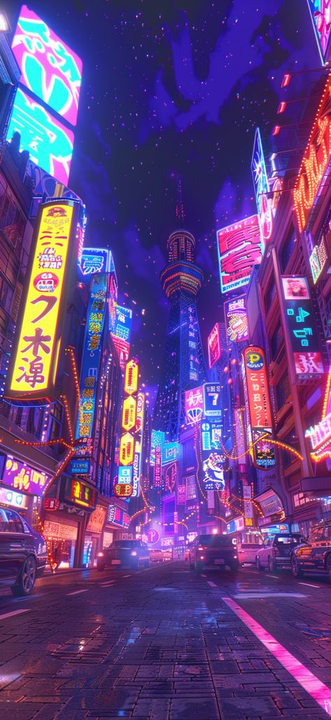 As the sun sets over the vibrant streets of a Japanese city, neon lights illuminate the skyline, casting a glow over the bustling traffic and towering buildings. The purple sky and twinkling stars above add to the electric atmosphere. This digital art captures the essence of city life, with vibrant colors and neon hues lighting up every corner. 🌆💜✨ #TokyoVibes #NeonLights #CityLife  #JapaneseCity #SunsetGlow #UrbanLandscape #CityscapeArt #NeonAesthetic #DigitalArt #VibrantColors 80s City Pop Aesthetic, Neon Tokyo Aesthetic Wallpaper, Tokyo Cityscape Illustration, Neon Lights City Aesthetic, Colourful City Aesthetic, Tokyo Neon Lights, Neo Tokyo Wallpaper, Vibrant Wallpaper Iphone Aesthetic, City Aesthetic Purple