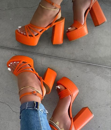 Neon Orange Heels, Orange Platform Heels, Quince Heels, Glamrock Chica, Ig Baddies, Formal Ideas, Grad Outfits, Orange Wedges, Heels Summer