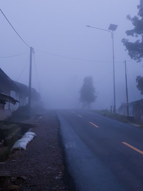 Foggy street on Rancabali, West Java. Moody. Ominous. Foggy Neighborhood, Ominous Landscape, Hermit Aesthetic, Ominous Aesthetic, Creepy Town, Foggy Street, Relaxing Thoughts, Song Vibe, Foggy Aesthetic