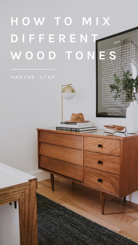 From wood flooring to furniture and wood ceiling beams, when incorporating more than one wood tone in your home it's important to make sure they blend. Read these 6 tips for blending and mixing more than one wood tone and species in your home for a cohesive look. | Nadine Stay #woodtones #mixingwood #woodflooring #woodfurniture #woodbeams #designtips #flooring #interiorstyling Wood Floor With Wood Furniture, Colors That Go With Wood Furniture, Walnut Wood Furniture Bedrooms, Bedroom Furniture With Dark Wood Floors, Color Palette For Wood Furniture, Bedroom Design Wood Furniture, Combine Wood Tones, Wood Furniture Color Ideas, Wood Furniture With Wood Floors