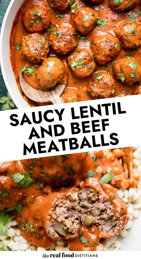 These Saucy Beef and Lentil Meatballs are a protein-and fiber-rich recipe that comes together in one skillet for an easy and healthful weeknight dinner. Flavorful meatballs cook to tender perfection in a dairy-free creamy tomato sauce that will leave you licking your plate! Spoon them over rice, Israeli couscous, or quinoa for dinner, and enjoy those leftovers, too (if you have any!) Couscous And Beef Recipes, Beef And Lentil Meatballs, Fiber Rich Meals, Beef And Lentil, Flavorful Meatballs, Couscous Dinner, Lentil Meatballs, Entree Dishes, Healthy Beef Recipes