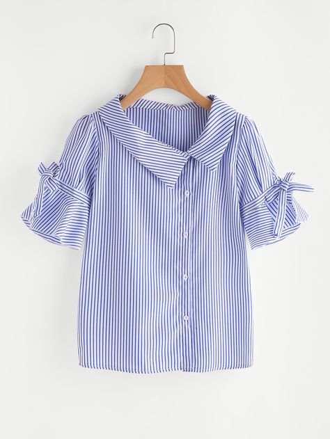 Shop Vertical Striped Tie Cuff Blouse online. SheIn offers Vertical Striped Tie Cuff Blouse & more to fit your fashionable needs. Tie Cuff Blouse, Cotton Tops Designs, Social Branding, Tech Business, Blue Striped Blouse, Corporate Dress, Fashion Tops Blouse, Sleeves Designs For Dresses, Marketing Branding