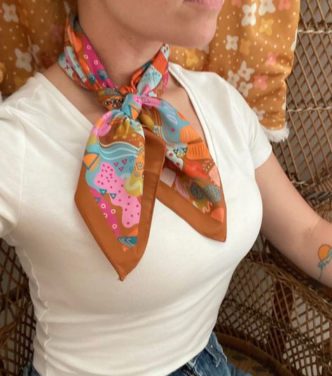 Cute scarf with an original print inspired by 80s and 90s nostalgia Colorful Doodles, Neon 80s, Cute Scarf, Brown Square, Cute Scarfs, 90s Nostalgia, 90s Inspired, Cool Halloween Costumes, Silk Scarves