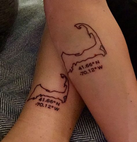 Cape Cod coordinate tattoo :) Cod Tattoo Ideas, Cape Cod Tattoo, Coordinate Tattoos, Cod Tattoo, State Tattoos, Coordinates Tattoo, Army Tattoos, Modern Tattoos, Dream Tattoos