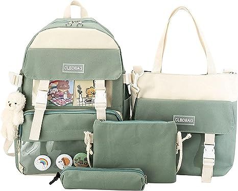 Cute Kawaii Backpack 4Pcs Canvas Backpack Give away bear pendant Pencil Pouch Shoulder Bag Lunch Bag for Girls Boys (one size, Green) College Book Bag, Aesthetic Backpack, Kawaii Backpack, Lunch Box Bag, Bear Pendant, Bag Boys, Cute Backpacks, Pencil Bags, School Backpack