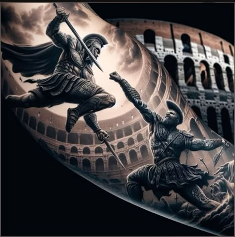 Spartan Sleeve Tattoos For Guys, Gladiator Tattoo Design For Men, Roman Art Tattoo, Tattoo Gladiator, Roman Tattoos, Sparta Tattoo, Warrior Tattoo Sleeve, Greek God Tattoo, Roman Tattoo