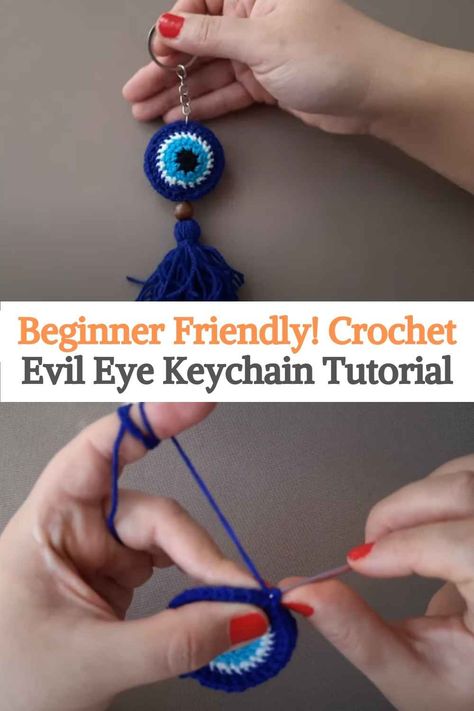 Free Evil Eye Crochet Pattern, Protection Keychain Ideas, Free Crochet Eye Patterns, How To Make Evil Eye, Crochet Evil Eye Free Pattern, Crochet Evil Eye Keychain Free Pattern, Spiritual Crochet Patterns Free, Evil Eye Crochet Keychain, Crochet Keychain Ideas Simple