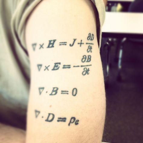 Maxwell Equation Tattoo. I'd get the clifford algebra version of this: http://arxiv.org/abs/hep-th/9211062 ("Clifford Algebra Derivation of the Characteristic Hypersurfaces of Maxwell's Equations") Equation Tattoo, Math Tattoo, Nikolai Tesla, Zipper Tattoo, Physics Tattoos, Skull Thigh Tattoos, Chameleon Tattoo, Butterfly Tattoos Images, Universe Tattoo