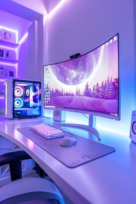 Curved Pc Monitor, Desktop Computer Setup Aesthetic, White Rgb Gaming Setup, White And Purple Pc Setup, Dream Gaming Setup, Pc Room Aesthetic, Gaming Desk Set Up, Purple Gaming Setup, Purple Gaming Room