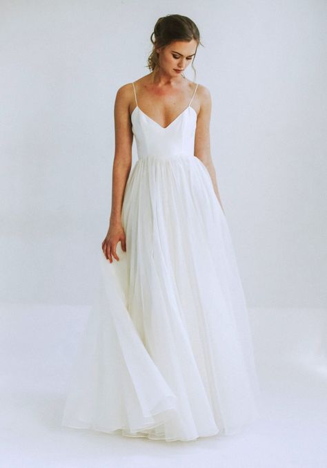 leanna marshall spaghetti strap v neck a line wedding dress spring 2020 Wedding Dress With Tulle, Straps Wedding Dress, Flowy Gown, Spaghetti Strap Wedding Dress, Leanne Marshall, Organza Gowns, Dress With Tulle, Wedding Dresses With Straps, Classic Brides