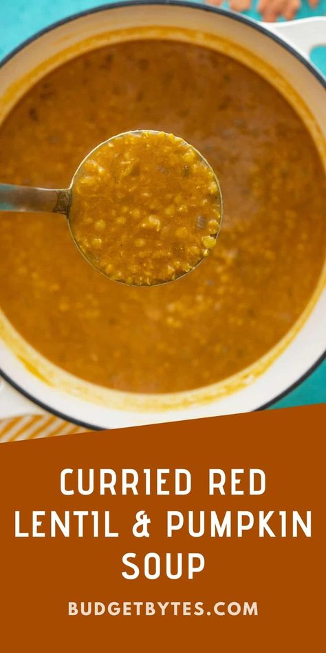 This Curried Red Lentil and Pumpkin Soup is super fast and easy, and will keep you warm from the inside out on chilly fall evenings! Red Lentil Curry Soup, Pumpkin Lentil Soup, Pumpkin Soup Healthy, Red Lentil Recipes, Red Lentil Soup Recipe, Curried Lentil Soup, Lenten Recipes, Pumpkin Curry, Yummy Fall Recipes