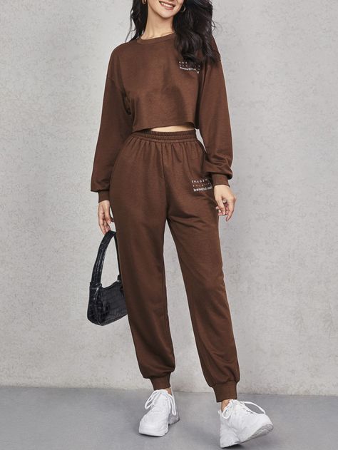 Coffee Brown Sporty  Long Sleeve Polyester Letter  Embellished Slight Stretch Spring/Fall Women Co-ords Coffee Brown Outfit Women, Casual Sporty Outfits For Women, Sporty Outfits For Women, Coords Set, Joggers Outfit Women, Casual Sporty Outfits, Co Ords Outfits, Crop Pullover, Plus Size Summer Outfits