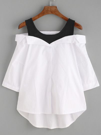 White Contrast Open Shoulder High Low Blouse -SheIn(Sheinside) Mobile Site Áo Blu, White Collared Blouse, Diy Sy, Open Shoulder Blouse, White Blouses, Color Block Blouse, Color Block Shirts, White Shirt Blouse, Diy Vetement