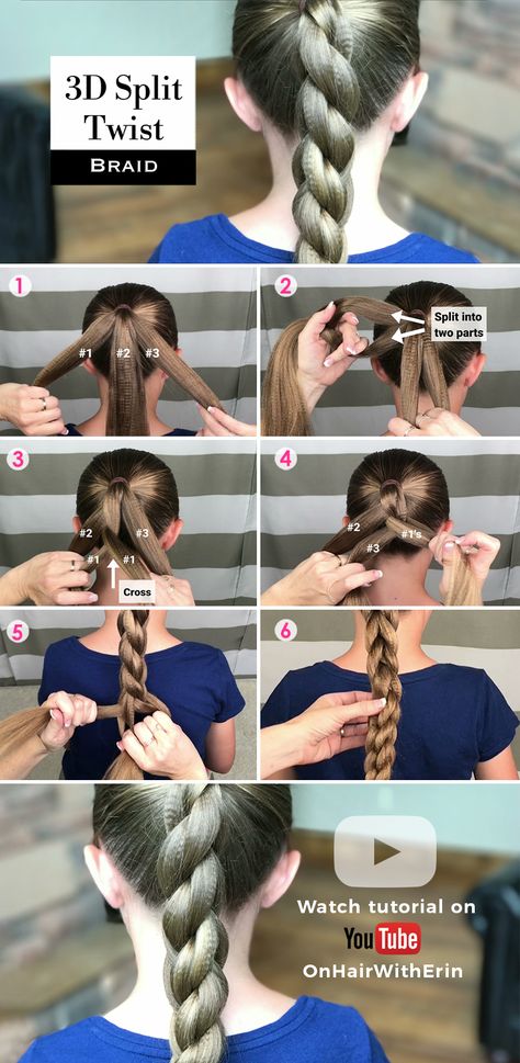 How to do a 3D Split Braid Step-by-Step 😊To see the full tutorial head to my You Tube Channel: On Hair With Erin Braid How To Do Step By Step, Diy Hair Braids Step By Step, How To Do A 3d Braid, 3 D Braids, Twist Braid Tutorial Step By Step, Braided Hair Tutorials Step By Step, How To Do Braids Step By Step, Step By Step Braids On Yourself, 3d Braid Tutorial