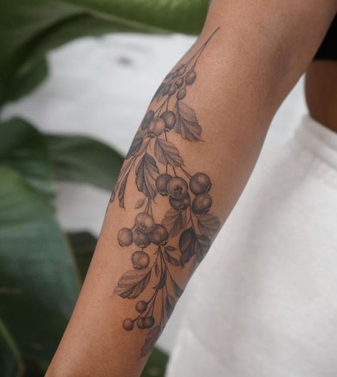 Berry Sleeve Tattoo, Blackberry Forearm Tattoo, Berry Wrap Around Tattoo, Blackberry Arm Tattoo, Berry Tattoo Sleeve, Berry Vines Tattoo, Huckleberry Branch Tattoo, Black And Grey Blueberry Tattoo, Poison Berry Tattoo